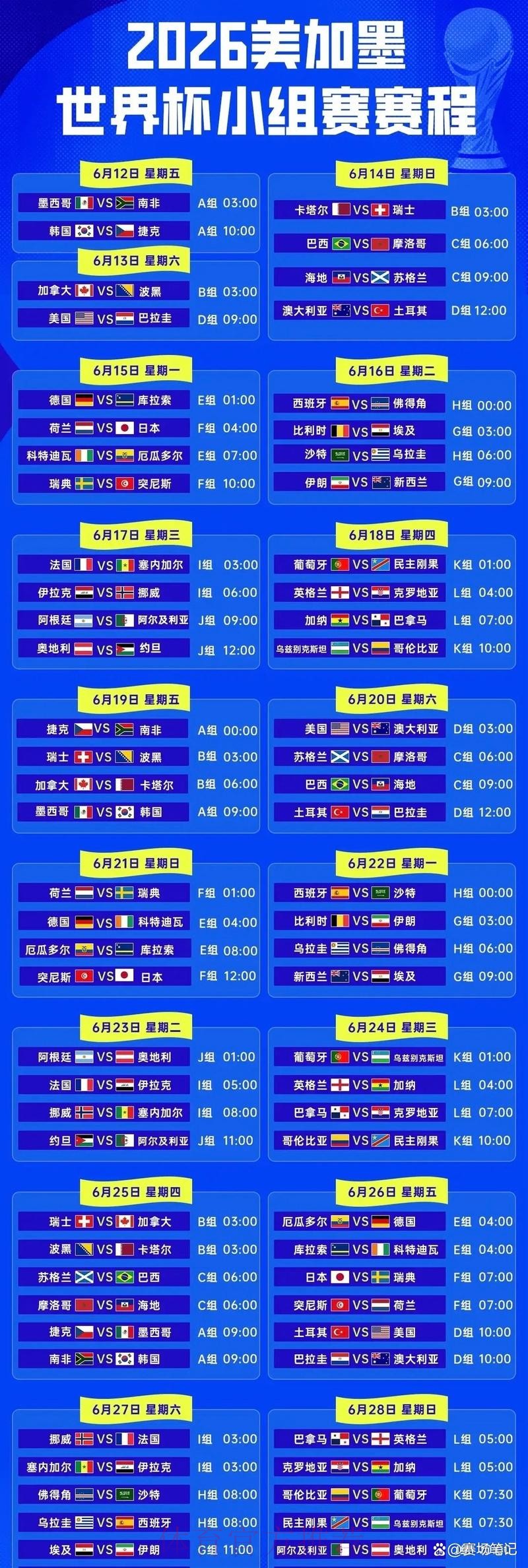 2026世界杯完整比赛时间表 2026世界杯完整比赛时间表
